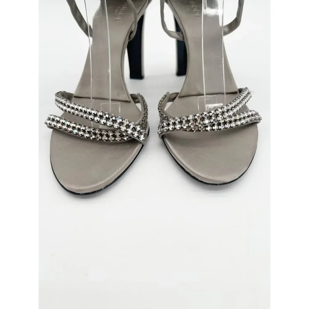 Gucci 2004 Tom Ford Silver Silk Crystal Strap Ankle Wrap Tie Heels Sandals US 8